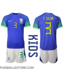 Günstige Brasilien Thiago Silva #3 Auswärts Trikotsatzt Kinder WM 2022 Kurzarm (+ Kurze Hosen)